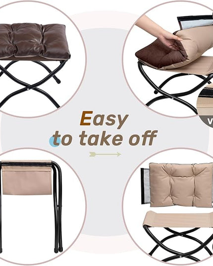 HollyHOME 15" H Folding Footrest Stool,Upholstered Foldable Ottoman with Padded Design. Features Metal Frame for Portability. Ideal for Sofas, Lazy Chairs,Living Room,Bedroom.PU Brown