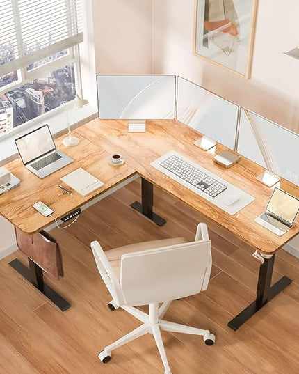 63 x 55 inch L Shaped Standing Desk, Corner Computer Desk, Electric Adjustable Height Stand Up Table, L Sit Stand Desk for Home Office Gaming, Light Rustic