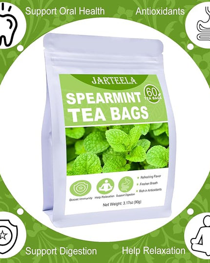 Jarteela - Spearmint Tea Bag, 1.5g x 60 Count - Pure Spearmint Leaves - Natural Herbal Tea Bags for Digestion - Non-GMO - Caffeine-free Tea