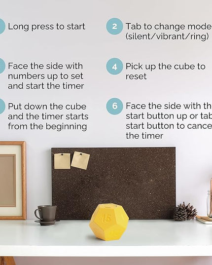 KADAMS Pomodoro Cube Timer Productivity-11 Preset Countdowns, Flip-to-Start Gravity Activation - Sound Vibrate Mute Rechargeable - Ideal for ADHD Kid Kitchen Classroom Cook Study Exercise - Yellow