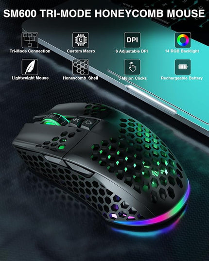 SOLAKAKA SM600 Honeycomb Shell Gaming Mouse Wireless,Tri-Modes BT5.1/2.4G Wireless/Type-C Wired Gamer Mouse with 2 Side Buttons, Macro Programmable and RGB Light for PC/Mac/Laptop,Black
