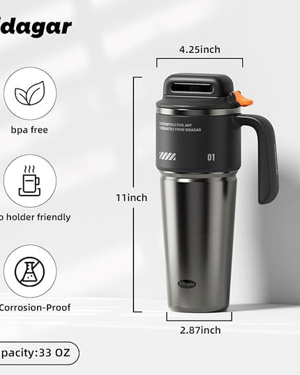 32 oz Tumbler with Handle and Straw, Vacuum Insulated Stainless Steel Travel Mug with Push-button Lid, Double Wall Coffee Cup, Fits in Cup Holder - Obsidian Black