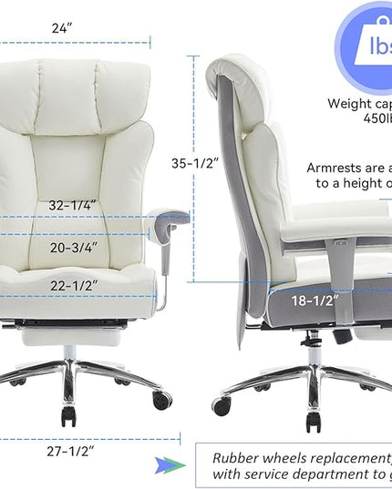 Efomao Big and Tall Office Chair 450LBS with Foot Rest, High Back PU Leather Executive Office Chair with Adjustable Padded Armrests, Lumbar Support for Home or Work, Heavy Duty Computer Chair, White