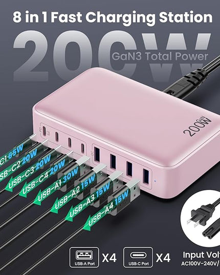 USB C Charger 200W USB C Charger Block,Upgraded GaN III 8-Port Fast Charging Station Hub,PD 65W Laptop Charging Adapter Compatible with MacBook Pro/Air,DELL,Steam Deck,iPhone 16/15/14,Galaxy S23/22