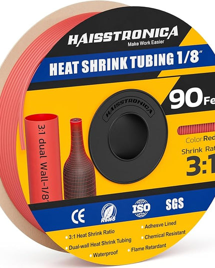 haisstronica 3:1 Heat Shrink Tubing, Shrink Ratio Adhesive Lined Marine Grade Heat Shrink Tube for Home, Automotive and Industrial (Red) 90FT 1/8inch