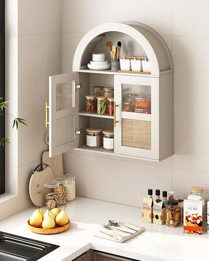 RUSTOWN Arched Bathroom Wall Cabinet, Rattan Medicine Cabinet with 2 Glass Doors, Farmhouse Over The Toilet Storage Cabinets with Adjustable Shelves, 3-Tier Wall Mounted Cabinets