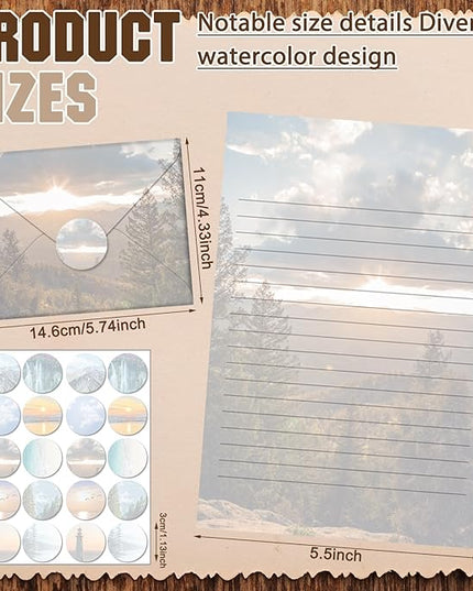 TaoBary 160 Pcs Stationery Paper Set 50 Double Sided Stationery Papers with 50 Matching Envelopes and 60 Round Dot Sticker, 10 Design(Scenic Nature,5.5 x 8.25 Inch)