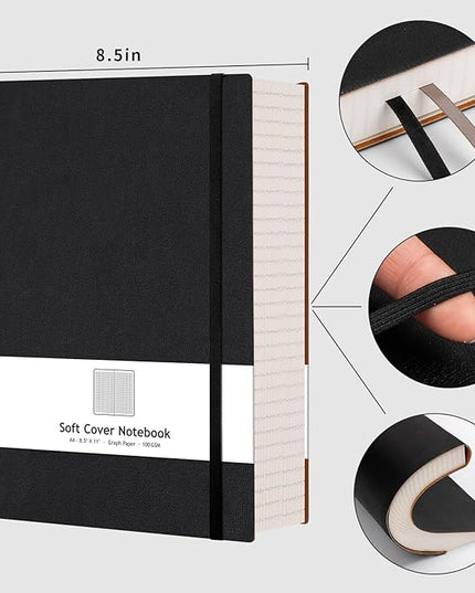 AHGXG Graph Paper Notebook - Grid Paper Notebook Large A4 8.5''×11'', 320 Pages Thick Journal, 100gsm Thick Graph Paper, Leather Softcover, Inner Pocket - Black