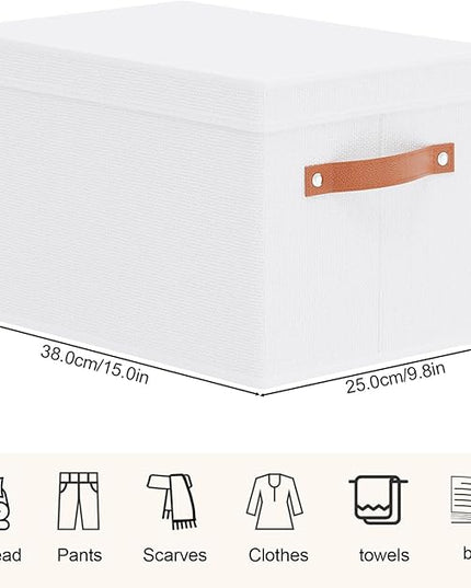 Storage Boxes with Lids, 15 x 9.8 x 8.3 Inch Storage Baskets for Shelves, Decorative Closet Organizers with Handles, White, 5-Pack