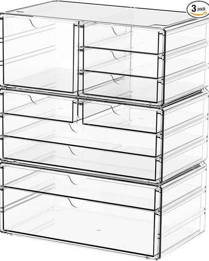 Yieach 3Pack Clear Drawer Organizers Stackable,Acrylic Storage Drawers With 10 Drawers,Multipurpose Office Supply Organizer and Makeup Organizer for Beauty,Craft,Pen,Medical,Stationary Desk Organizers