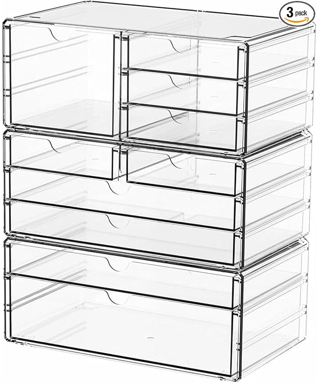 Yieach 3Pack Clear Drawer Organizers Stackable,Acrylic Storage Drawers With 10 Drawers,Multipurpose Office Supply Organizer and Makeup Organizer for Beauty,Craft,Pen,Medical,Stationary Desk Organizers