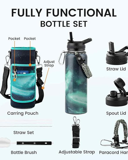 40oz Insulated Water Bottle, Triple Wall Vacuum Stainless Steel Water Bottles - Keeps Cold 48H, Reusable Metal water flask Jug for Gym, Sports, Camping, Hiking,Travel, Aurora-Green