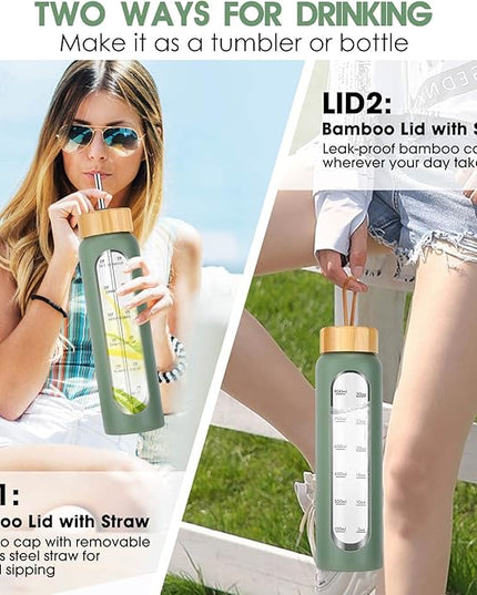 32 oz Glass Water Bottle with Straw - Motivational Time Marker & Silicone Sleeve - Reusable Tumbler Includes 2 Bamboo Lids & Fruit Infuser - 1 Pack