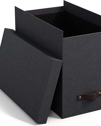Bigso John Desktop File Box - Storage Solution and Document Organizer for Important Paperwork - Durable Hanging File Box with Lid and Leather Handle - 7.36 in x 13.26 in x 10.51 in - Black