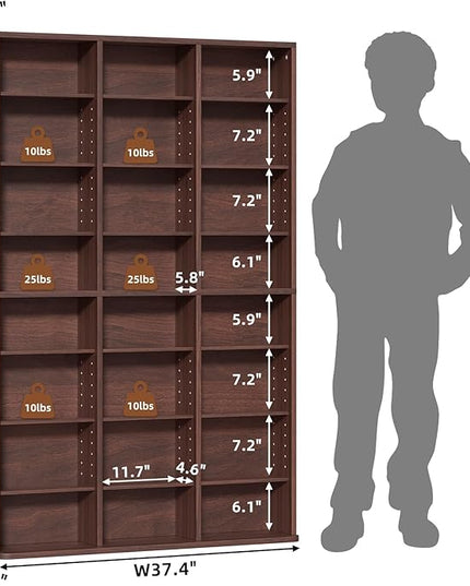 LELELINKY 8 Tier Tall Display Cabinet, Walnut Media Storage Cabinet with Adjustable Shelves, Free Standing DVD Organizer Shelf, Floor Multimedia Storage Manga Bookshelf for Living Room & Home Office.