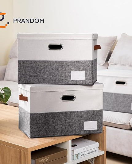 PRANDOM Foldable Storage Bins with Lids [3-Pack] Fabric Collapsible Storage Boxes Baskets Cubes Containers with Handles for Closet Living Room Bedroom (Grey & White 17.7x11.8x11.8'')