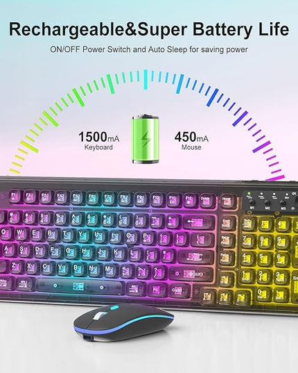 Black Light Up Keyboard and Mouse Wireless,Cute 2.4Ghz Cordless Rechargeable Transparent Backlit Keyboard,15 Backlight Effects,Volume Knob,RGB Mouse with 3 DPI for Mac Computer PC Laptop Desktop iPad