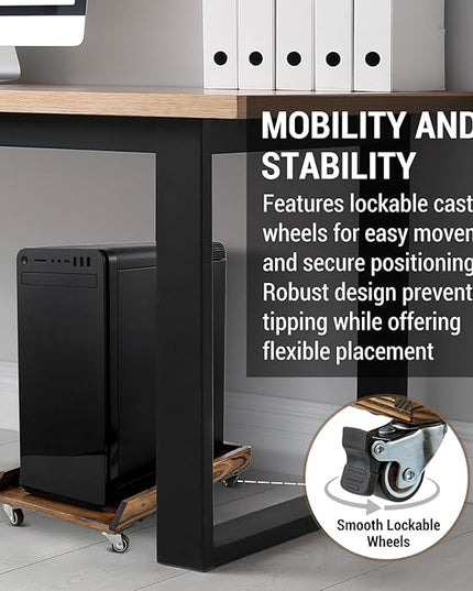 MyGift Rustic Solid Wood CPU Tower Stand – Deluxe PC Holder with Rolling Lockable Caster Wheels, Computer Case Floor Stand