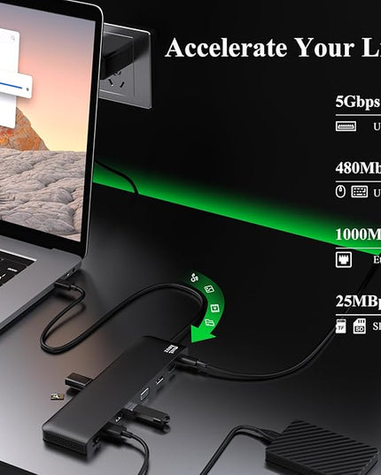 USB C Docking Station Minthouz 12-in-1 Docking Station 3 Monitors, USB Hub with DisplayPort/HDMI/VGA, PD, USB 2.0/3.0, Gigabit Ethernet, SD/TF, Audio Jack USB C Dock for Windows & Mac