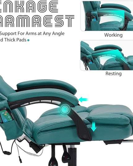 Massage Office Chair with Foot Rest 6 Points Vibration and Heat Home Office Desk Chairs for Heavy People 400lbs Reclining Managerial Chairs Ergonomic Executive Chair (Teal Blue)