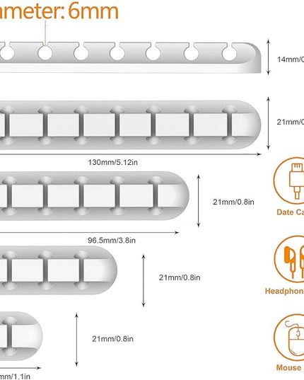 Cord Holder Cable Organizer Clips – Self Adhesive Cord Organizer for Desk, Car, Nightstands, Office, White Silicone Cord Keeper Cable Clips Wire Holders for Phone Charger Cords (7-5-3-1-1 Slots)