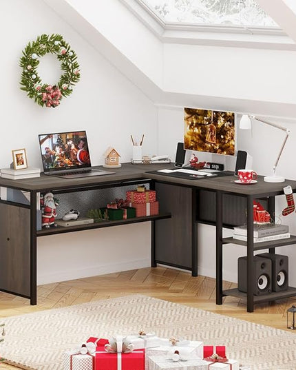 FATORRI L Shaped Desk, Industrial Reversible Home Office Computer Desk with Wood Shelves, Corner Desks with Metal Legs (Walnut Brown, 59 Inch)