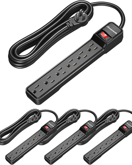 DEWENWILS 15 Foot Long Power Strip, 6-Outlet Power Strip 15FT, 15 Amp Circuit Breaker, Low Profile Flat Plug, Surge Protector for Office, Living Room, Bedroom, 4 Pack, Wall Mount, Black