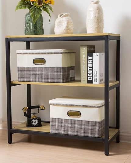 PRANDOM Collapsible Storage Bin with Lid [3-Pack] Fabric Foldable Storage Box Organizer Container Basket Cube with Cover for Home Bedroom Closet Office Nursery Gray plaid & Cream(14.9x9.8x9.8)