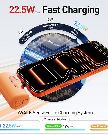 iWALK Portable Charger 5500mAh Next-Gen Small Power Bank 22.5W Fast Charging Battery USB-C Portable Phone Charger for iPhone 17/16/15 17 Plus 17 Pro Max iPad, Samsung Galaxy S25 S24 S23 Android,Orange