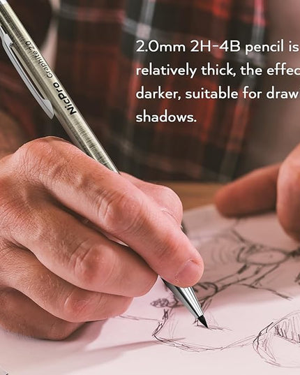 Nicpro 33PCS Metal Mechanical Pencil Set in Leather Case, Art Drafting Pencil 0.3, 0.5, 0.7, 0.9 mm, 2mm Lead Pencil Holders for Sketching Drawing With 18 Tube (6B 4B 2B HB 2H 4H Colors) Lead Refills