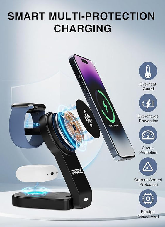 3 in 1 Charging Station for Apple MagSafe Charger, Foldable Wireless Charging Station Magnetic Wireless Charger Stand for iPhone 17 Air/16/15/14/13/12 Series/Apple Watch10-2/Airpods (Black)