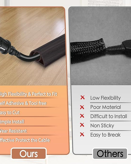 Floor Cord Cover for Wires on Floor Self Adhesive Cord Hider Floor Cable Management Wire Covers for Cords Protector Prevent Cable Trips Cord Cavity W 0.32" x H 0.32", Black Walnut, 10Ft