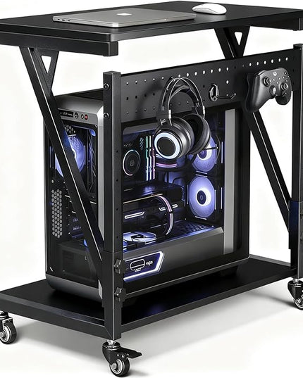Computer Tower Cart, Height Adjustable PC Tower Stand, Mobile Rolling PC Cart, 2-Tier ATX-Case CPU Holder, PC Stand with Wheels, 23.23"-31.10" H, Black Pro