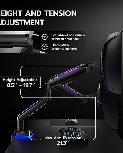 Ultrawide Monitor arm for 17-49'' Heavy Duty Screen up to 44lbs, Gas Spring Single Monitor Arm with RGB Light, Adjustable Gaming Computer Monitor Arm for Desk, Black