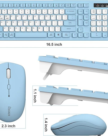 Wireless Keyboard and Mouse Combo, Full-Sized Wireless Keyboard and Adjustable DPI Mouse, 2.4GHz USB Receiver, Silent Keyboard and Mouse for PC, Windows, MAC, Desktop, Laptop(Sky Blue-B)