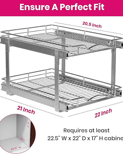 2-Tier Pull-Out Cabinet Organizer with Heavy-Duty Steel Frame, Full-Extension Sliding Shelves, Holds 100 lbs, Easy Install for Kitchen, Pantry & Under Sink Cabinets, 22" W x 21”D x 16.5" H