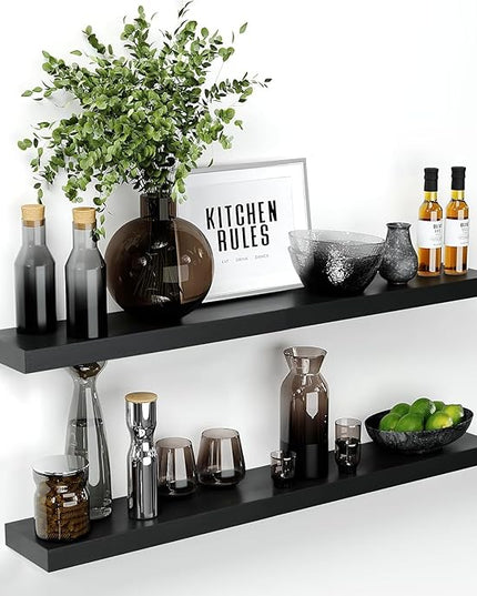 Homeforia Floating Black Shelf 42 inch, High End Solid Real Wood 42 inches Long Floating Shelves for Wall, Black Wooden 42inch Large Floating Shelves, Heavy Duty Bracket, 42 X 6.5 X 1.75 in, Set of 2