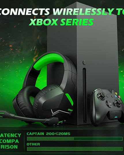 BINNUNE Wireless Gaming Headset for Xbox Series X/S, Xbox One, PS5, 120H Ultra-Long Battery, Bluetooth 5.3 Gaming Headphones with Noise-Canceling Mic, Comfortable Over-Ear Headphones,Green