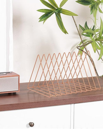 Urban Deco Triangle Desk Organizers Metal Wire Magazine Holder 10 Sections Decorative File Folder Organizer Vinyl Record Storage Office File Organizer For Desk - Rose Gold Magazine File Holder