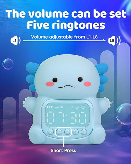 Axolotl Alarm Clock with Night Light for Kids, Rechargeable Silicone Lamp Time to Wake Clock Cute Animal Tabletop Lamp, Perfect Sleep Companion for Boys Girls, Blue