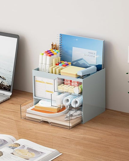 Marbrasse Desk Organizer with 3 Drawer, Multi-Functional Pencil Pen Holder for Desk, Desktop Organizer Storage for Office Home Art Supplies (Blue)