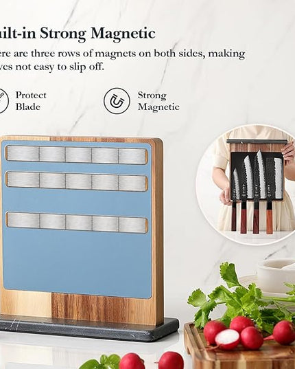 HEZHEN Double-sided Magnetic Knife Holder without Knives, Acacia Wood Knife Block with Leather Cover, Space-saving Knife Storage, Strong Enhanced Magnets Strip, Non-slip Marble Base