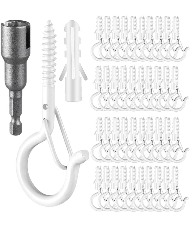 FSAH 96 PCS Q-Hanger Hooks, Screw Hooks for Outdoor String Lights, Safety Buckle Design Cup Eye Hook for Hanging Christmas Lights, Plants, Mounted on Wall Ceiling, Include 1 Wing Nut Driver, White