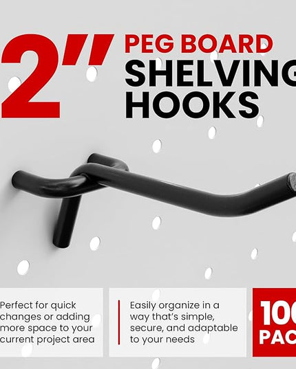 FactorDuty 100 Pack 2 inch Length Steel Black PEG Board Pegboard Shelving Hooks Wholesale Lot 20 lbs PEG Hooks Organizer Tools for Craft Storage, Garage, Kitchen, Tools and More