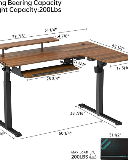 EUREKA ERGONOMIC Standing Desk Electric Adjustable Height (61"x43") Computer Desk with Keyboard Tray Sit Stand Desk L Shaped Desk for Work/Home Office,Dual Motor,Memory Presets,2 USB/RGB,Walnut/Right