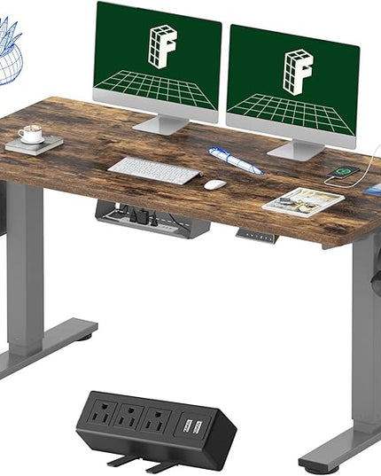 FLEXISPOT EN2 Whole-Piece Standing Desk with Clamp Power Strip, 55 x 28 Electric Stand Up Height Adjustable Desk with Cable Management (Gray Frame + 55" Rustic Brown Desktop, 2 Packages)
