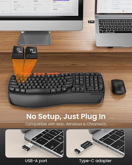 Ergonomic Wireless Keyboard and Mouse Combo, 2.4G Full Size Wave Key Board with Cushioned Palm Rest, Natural Typing, 3 DPI Adjustable Mouse, USB-A & C for Computer/Laptop/Mac/Tablet – Sablute