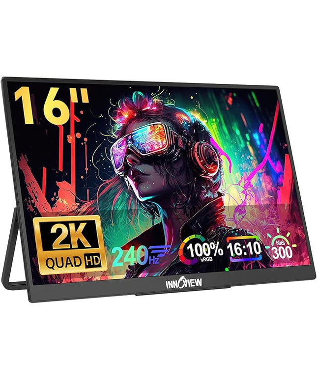 InnoView 16" 240Hz Portable Monitor 2K 2560x1600 100% sRGB Portable Gaming Monitor Supports 120Hz/144Hz/165Hz/180Hz Refresh Rate Monitors Type-C HDMI Laptop Screen Extender for Surface PS5 Switch Xbox