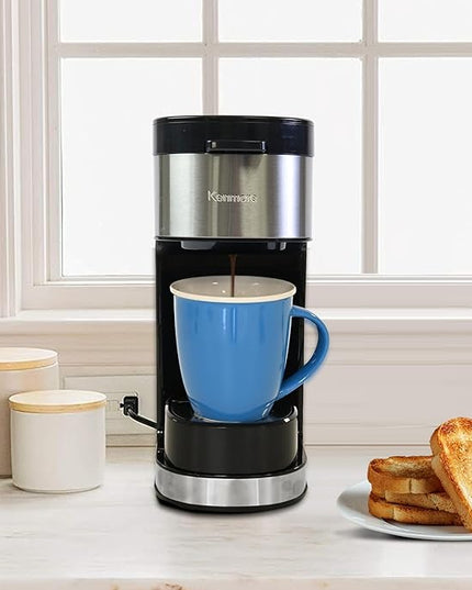 Kenmore Single Serve Coffee Maker – 6–14 Oz Brew Sizes, Compatible with Keurig K‑Cup Pods & Ground Coffee, One Cup Brewer, Travel Mug Friendly, Auto Shut‑Off, Hot & Iced Machine à café, White