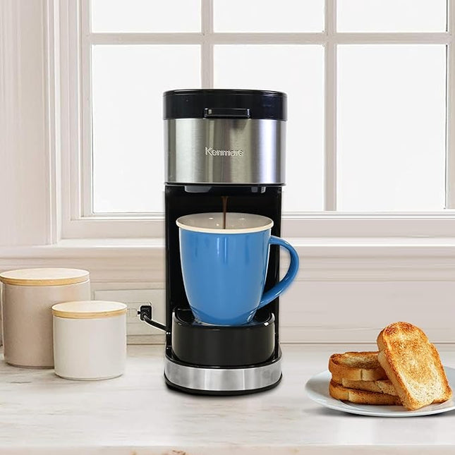 Kenmore Single Serve Coffee Maker – 6–14 Oz Brew Sizes, Compatible with Keurig K‑Cup Pods & Ground Coffee, One Cup Brewer, Travel Mug Friendly, Auto Shut‑Off, Hot & Iced Machine à café, White